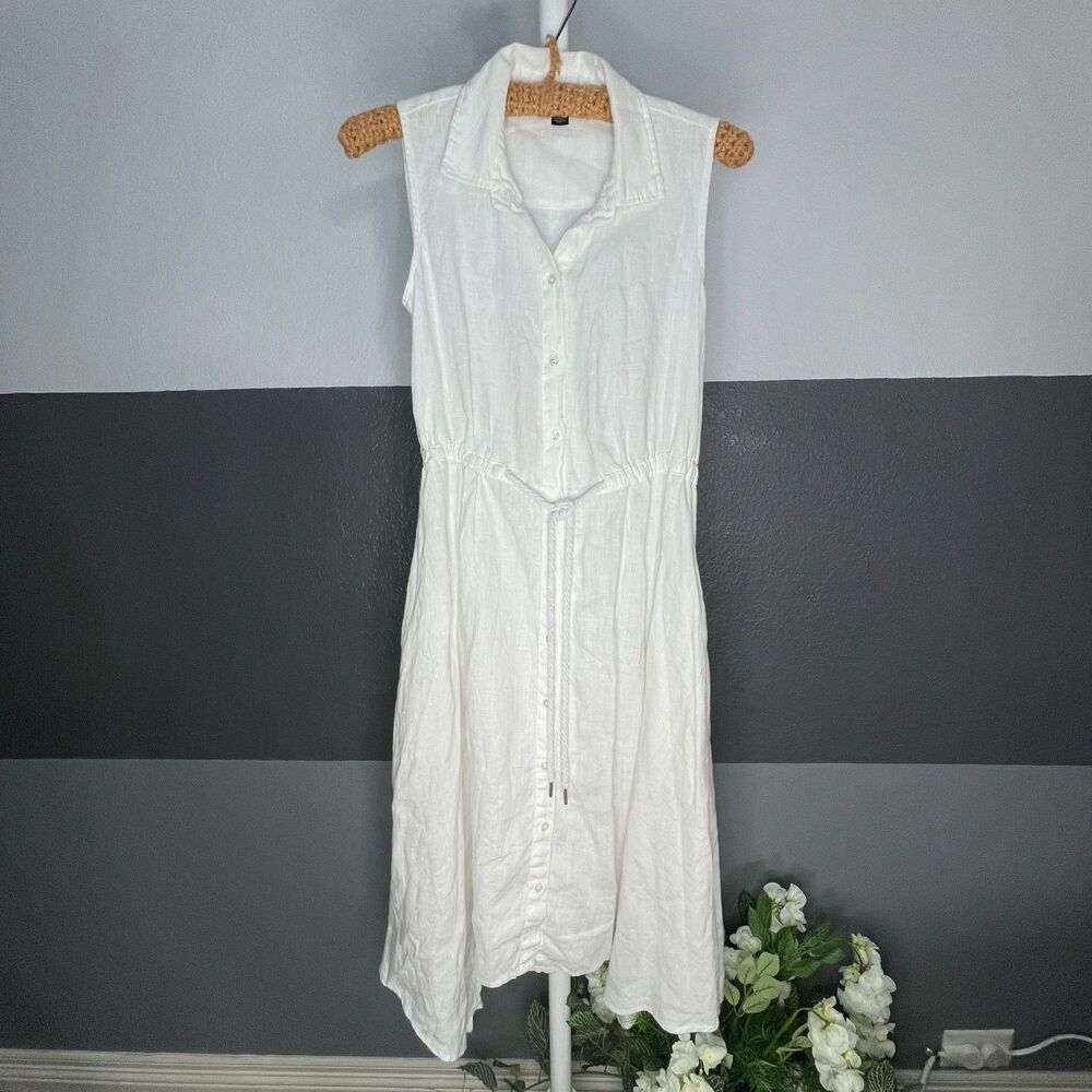 Saks Fifth Avenue White Linen Shirtdress Small Sleeveless Resort Summer Coastal - Picture 2 of 15